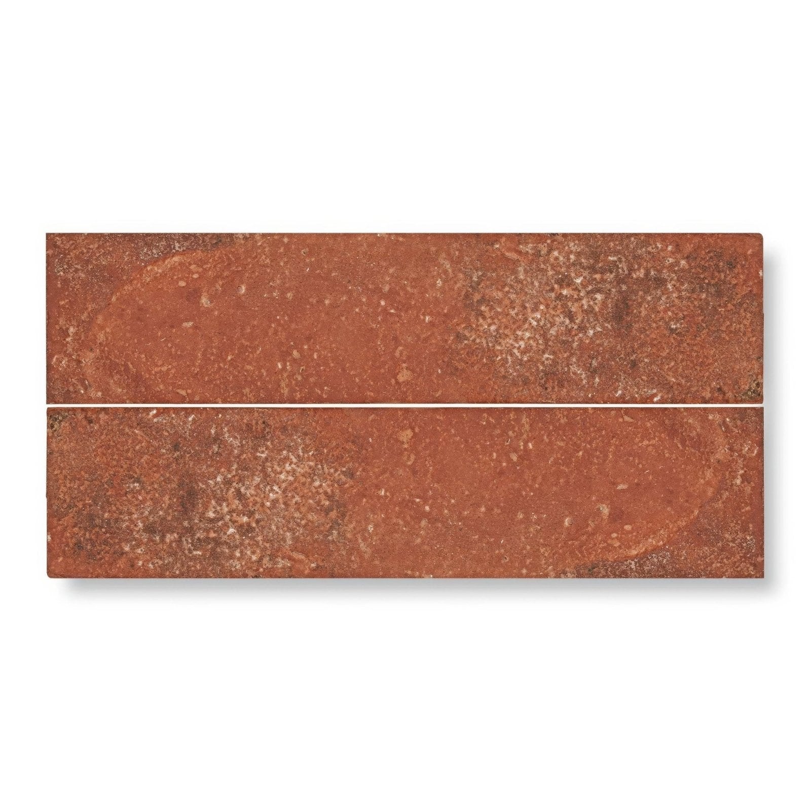 Two rectangular terracotta reclaimed ceramic tiles with rustic textured surface and subtle tone variations 7.5x30