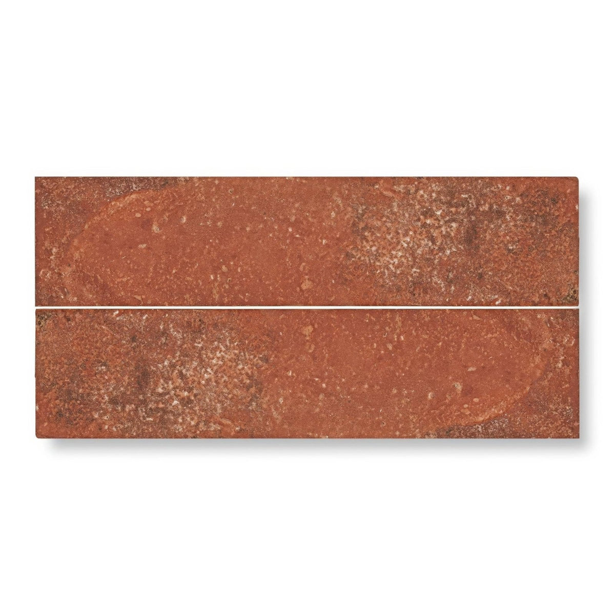 Two rectangular terracotta reclaimed ceramic tiles with rustic textured surface and subtle tone variations 7.5x30