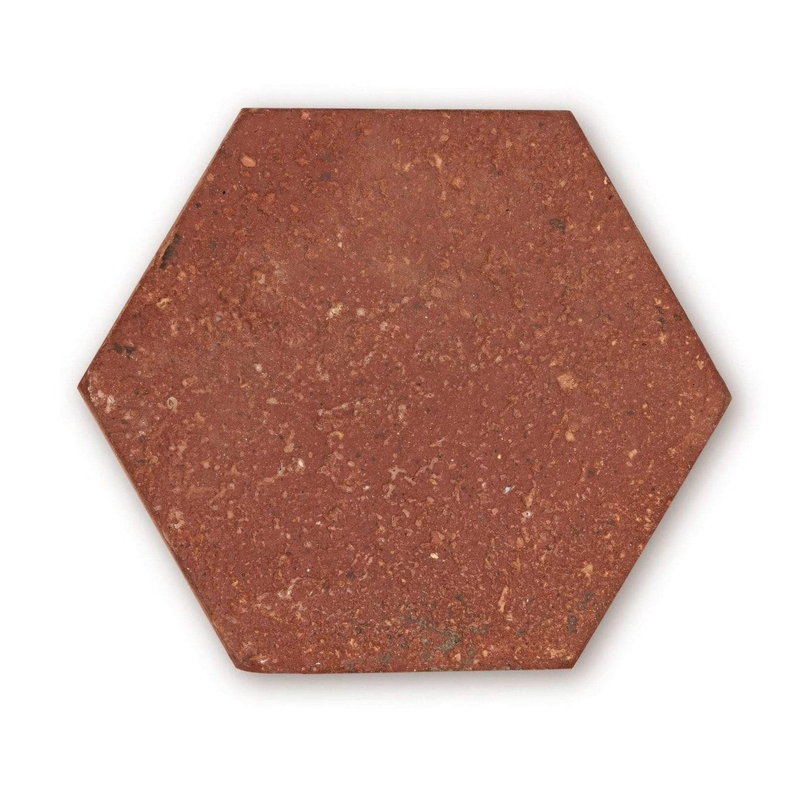 Red hexagonal reclaimed terracotta tile with textured earthy surface ideal for flooring and wall decoration