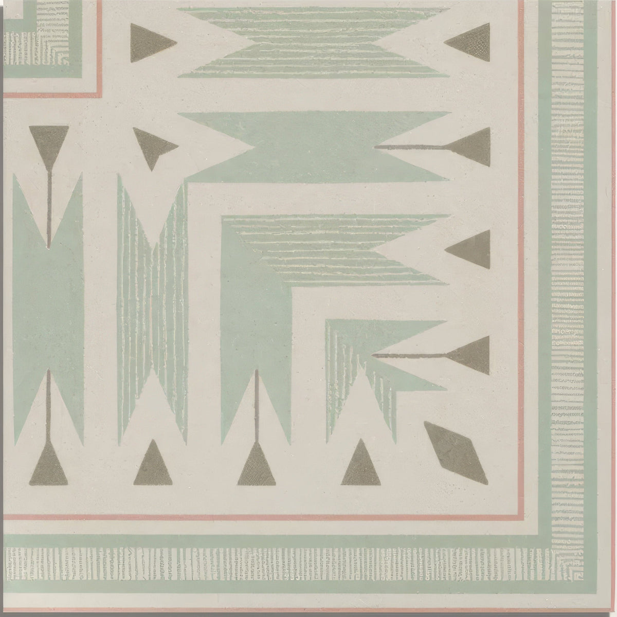 A square napkin with a muted sage green gray and soft pink geometric pattern on off-white fabric for adventuras ziggy corner olive porcelain