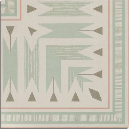 A square napkin with a muted sage green gray and soft pink geometric pattern on off-white fabric for adventuras ziggy corner olive porcelain