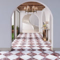 The floor features a striking checkerboard pattern of carrara white and red marble honed chequerboard tiles