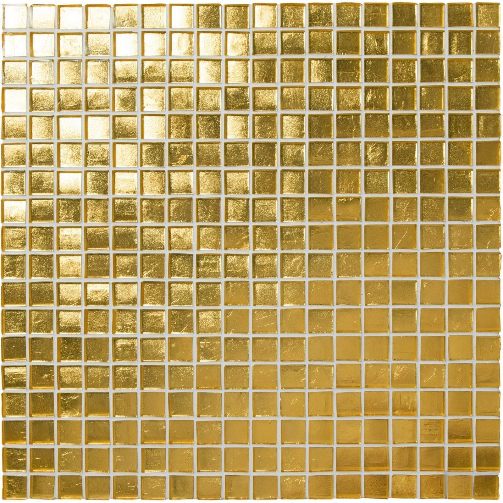 Gold foil mosaic tile with a shimmering reflective surface and white grout lines from reflection mosaic collection