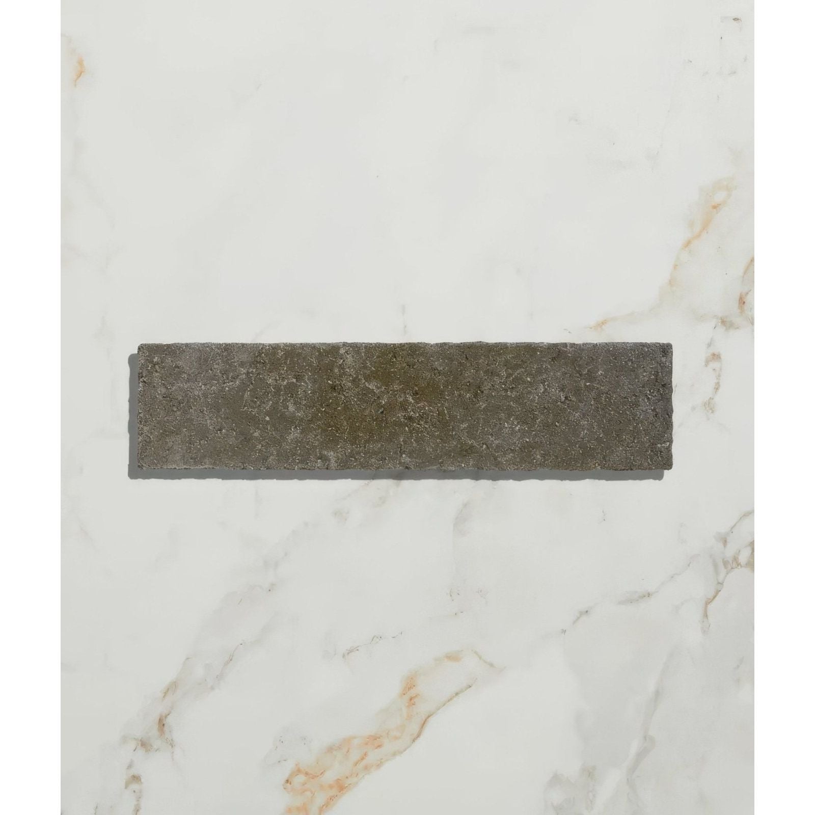 Dark gray reform composite stone tile with textured natural surface in tumbled khaki finish