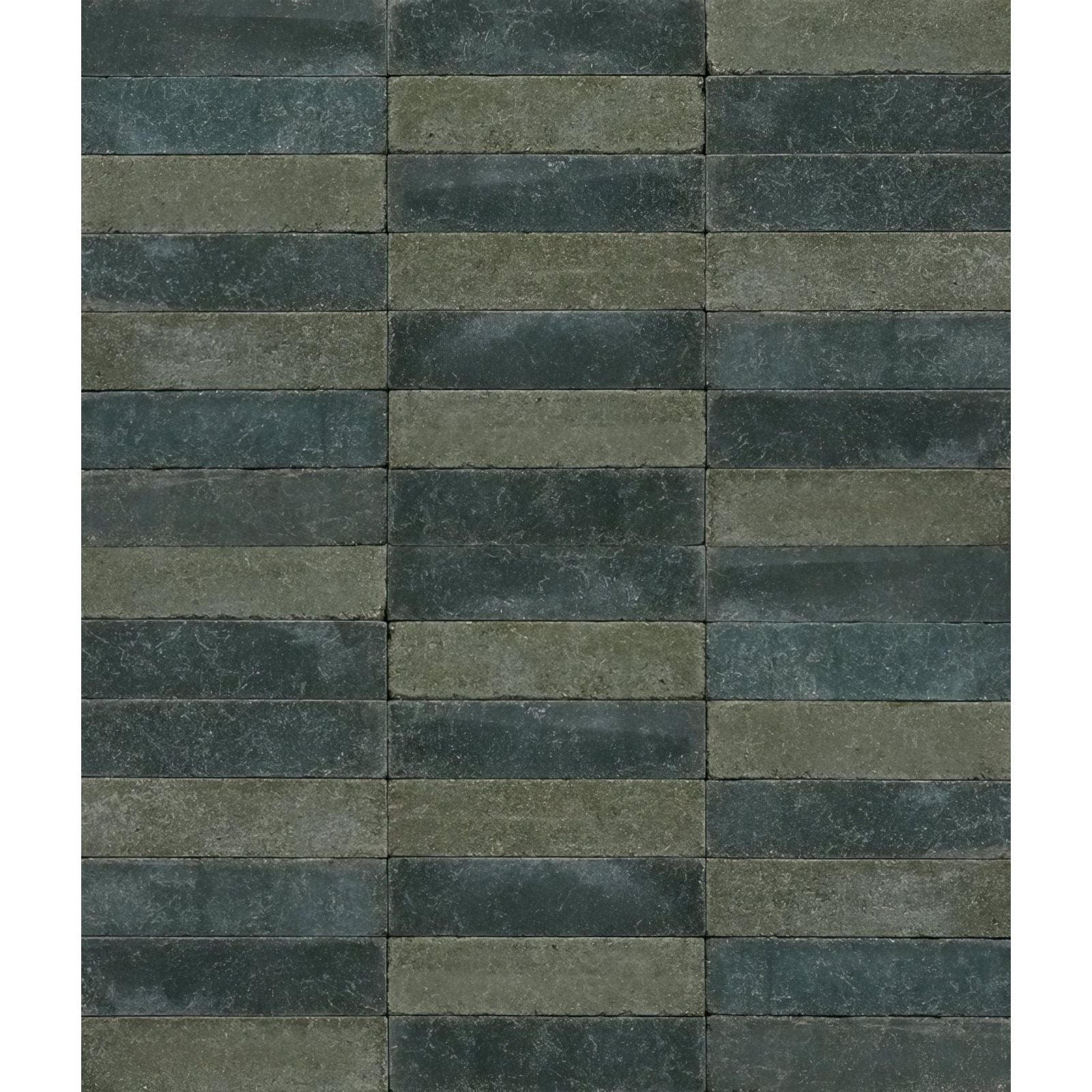 Dark gray and olive green reform composite stone tumbled leaf green rectangular tiles arranged in a staggered pattern