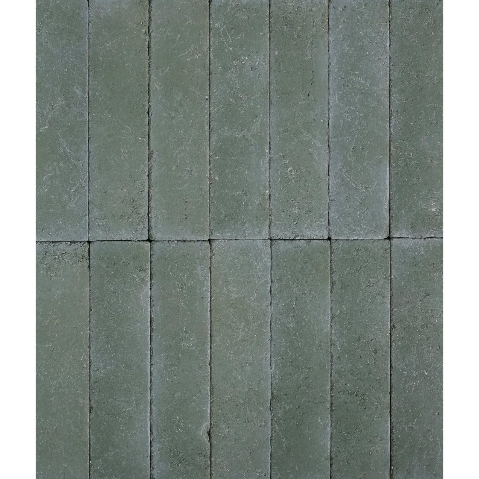 Gray rectangular reform composite stone pavers with textured slightly weathered surface in tumbled leaf green color