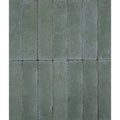 Gray rectangular reform composite stone pavers with textured slightly weathered surface in tumbled leaf green color