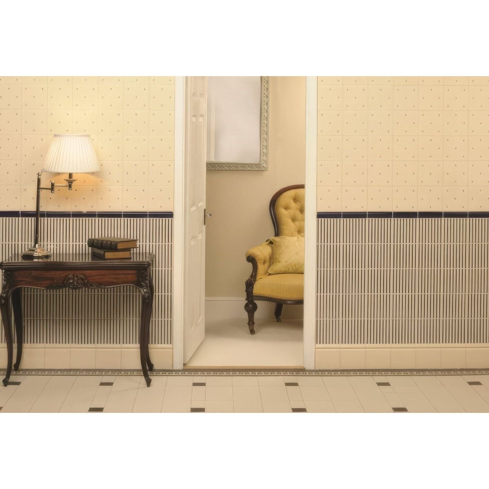 Antique-style wooden console table with dark brown finish and ornate carvings topped by brass lamp and books Regency Stripe Royal Blue On County White