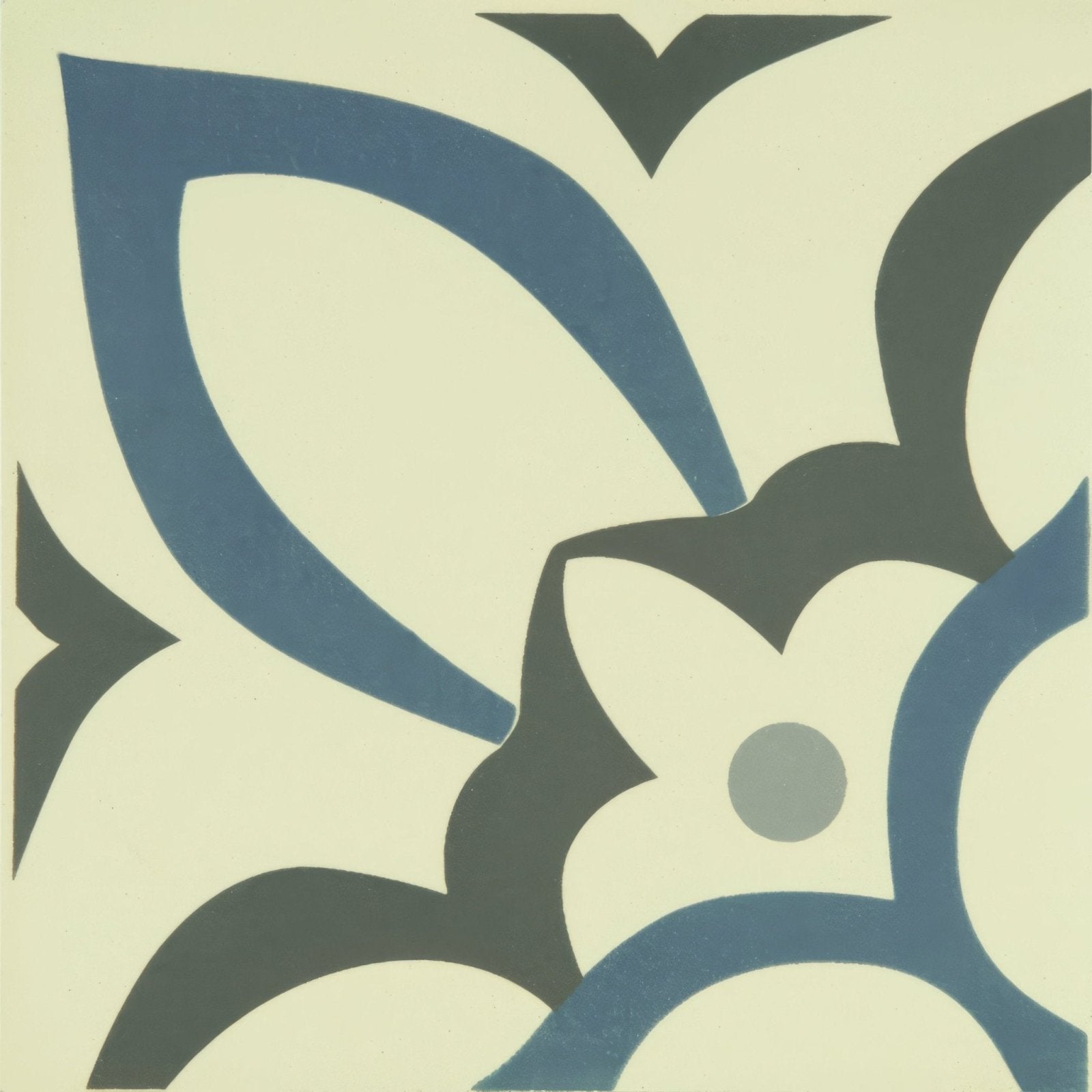 Abstract tile with stylized blue and dark gray floral patterns on a cream background renaissance light blue light grey and dark grey on white