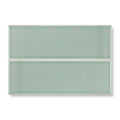 Two rectangular glazed glass tiles in soft sage green with subtle textured patterns retro metro lime house 10 x 30