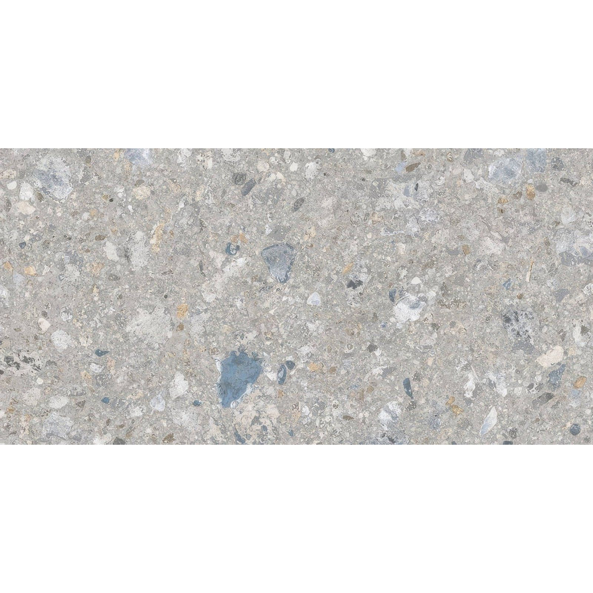 
Reykjavik ash 60 x 30cm gray concrete tile with speckled texture and embedded gray white and subtle blue pebbles