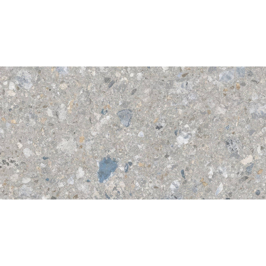 Reykjavik ash 60 x 30cm gray concrete tile with speckled texture and embedded gray white and subtle blue pebbles