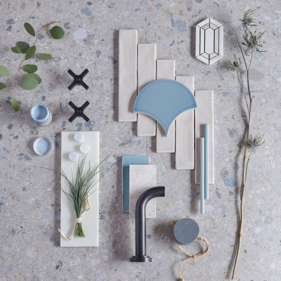 Light blue ceramic tile with curved fan-like shape reykjavik ash 60 x 30cm for wall and floor use