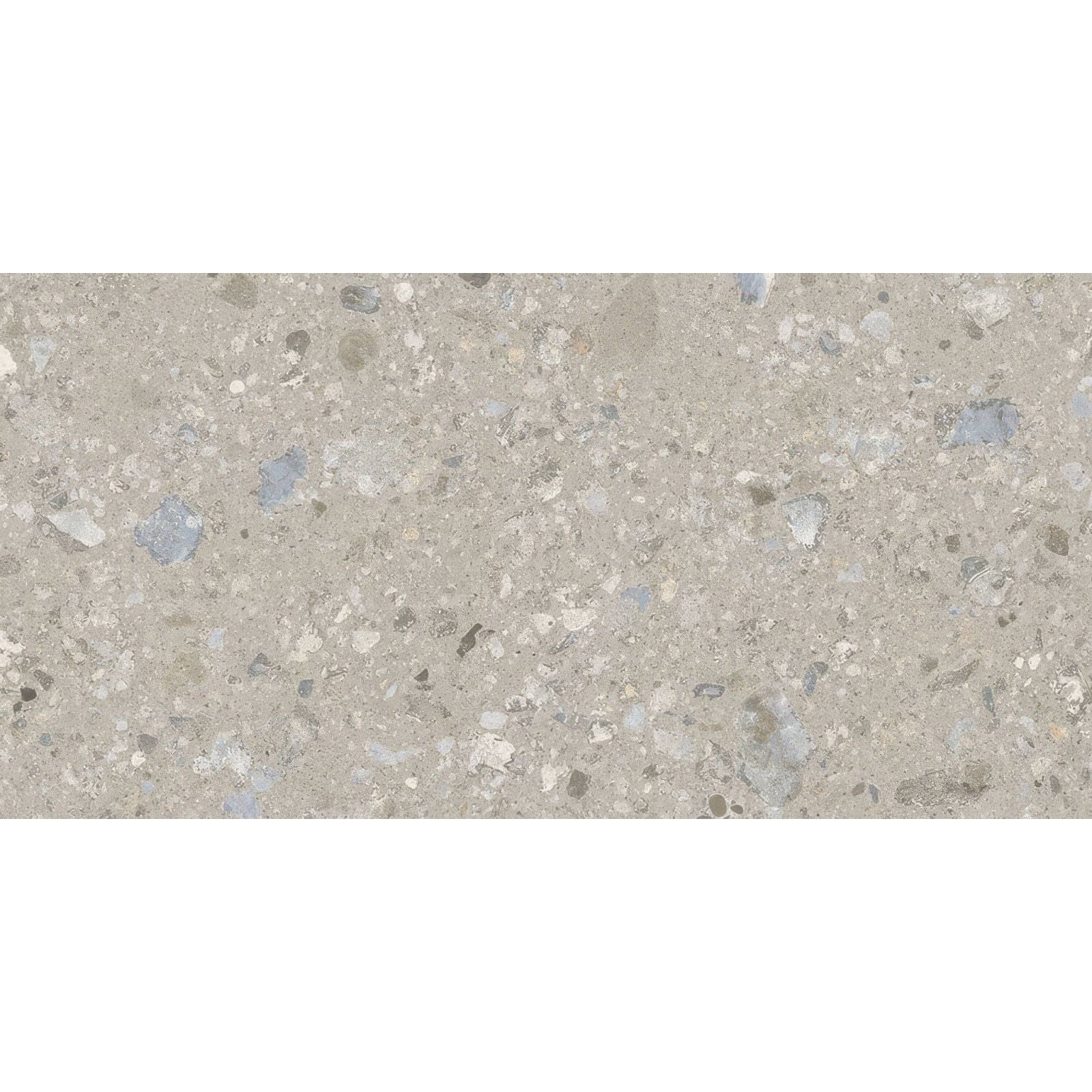 Gray terrazzo tile reykjavik pebble 60 x 30cm with white black and blue speckled pattern for flooring and walls