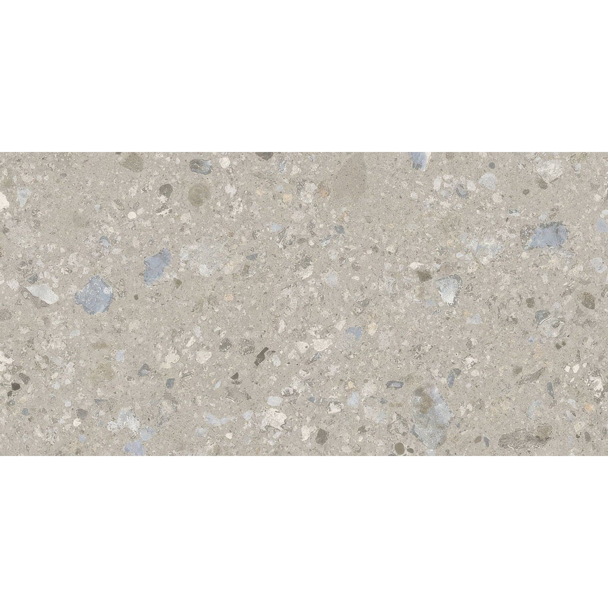 Gray terrazzo tile reykjavik pebble 60 x 30cm with white black and blue speckled pattern for flooring and walls