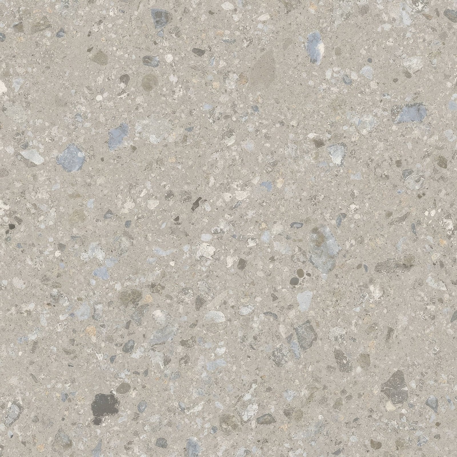 Gray terrazzo countertop with speckled embedded stones in varying shades from reykjavik pebble 60 x 60cm collection