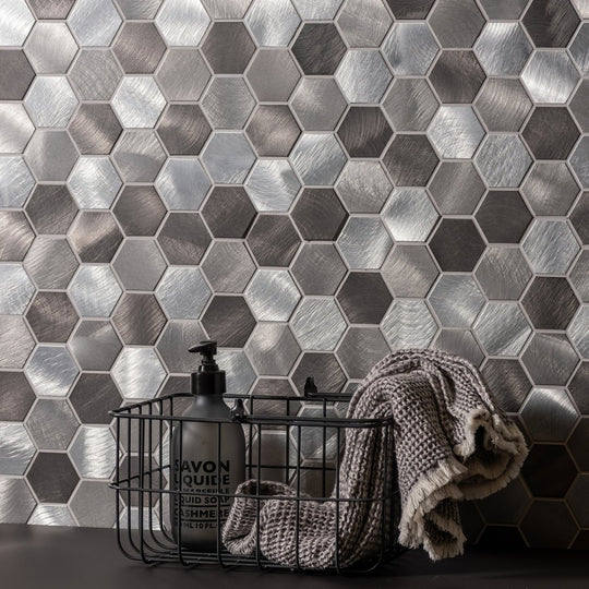 Rhea Grey and Silver Mixed Hexagon Mosaic
