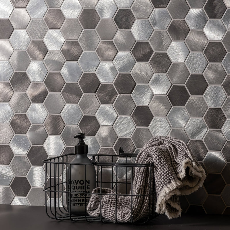 Rhea Grey and Silver Mixed Hexagon Mosaic