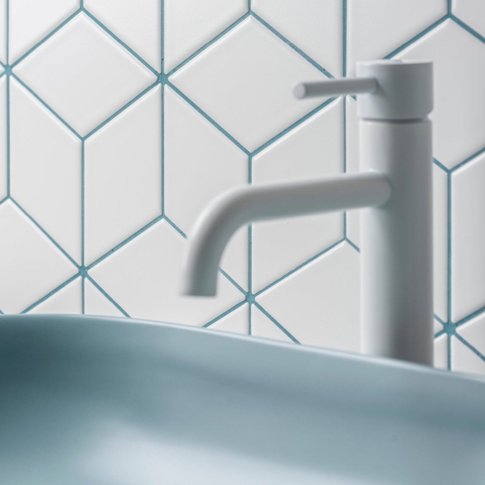Rhombus Matt Large Mosaic cream rhombus mosaic with a white ceramic tap