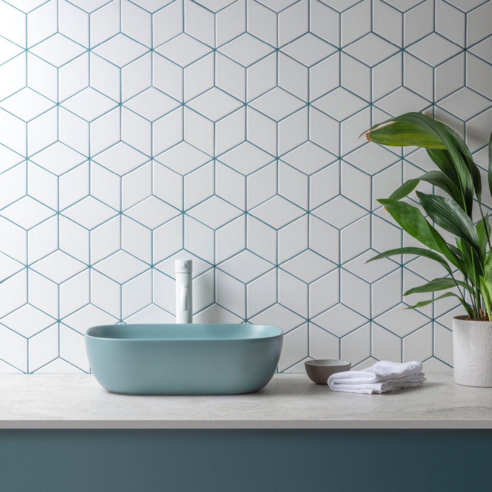 Rhombus Matt Large Mosaic cream rhombus mosaic with a light blue vessel sink