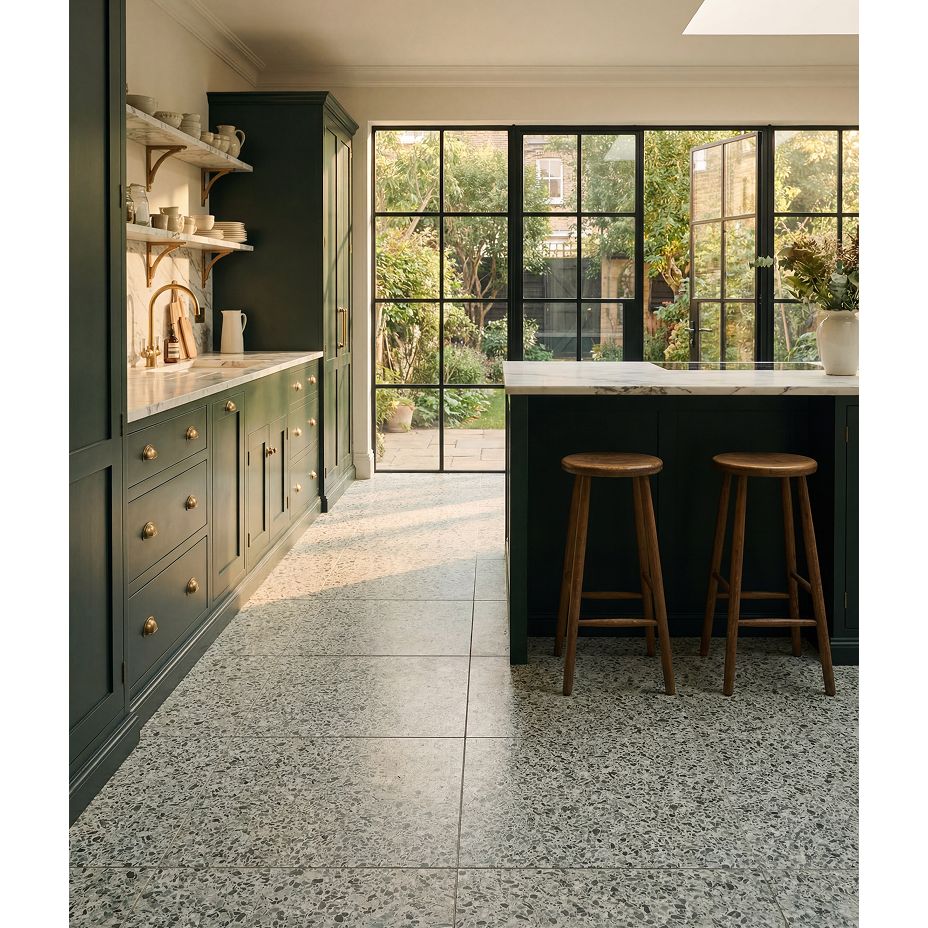 Rialto Porcelain Vert terrazzo-effect porcelain tile surface detail