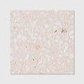 A square rialto terrazzo ballerin honed tile with soft pinkish beige base and white gray peach aggregate pieces