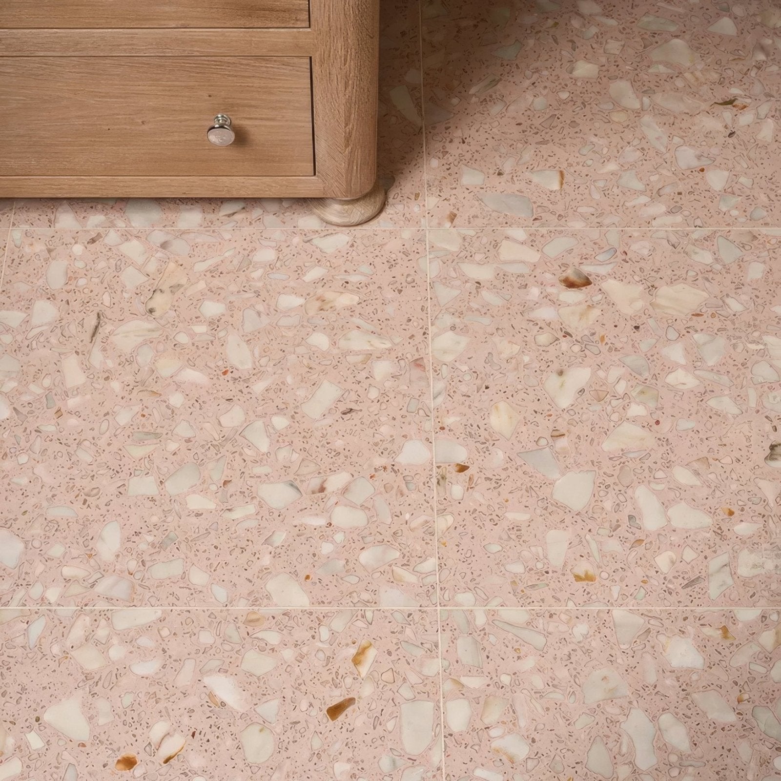 Pink rialto terrazzo ballerina honed floor tiles with white beige and brown speckled pattern