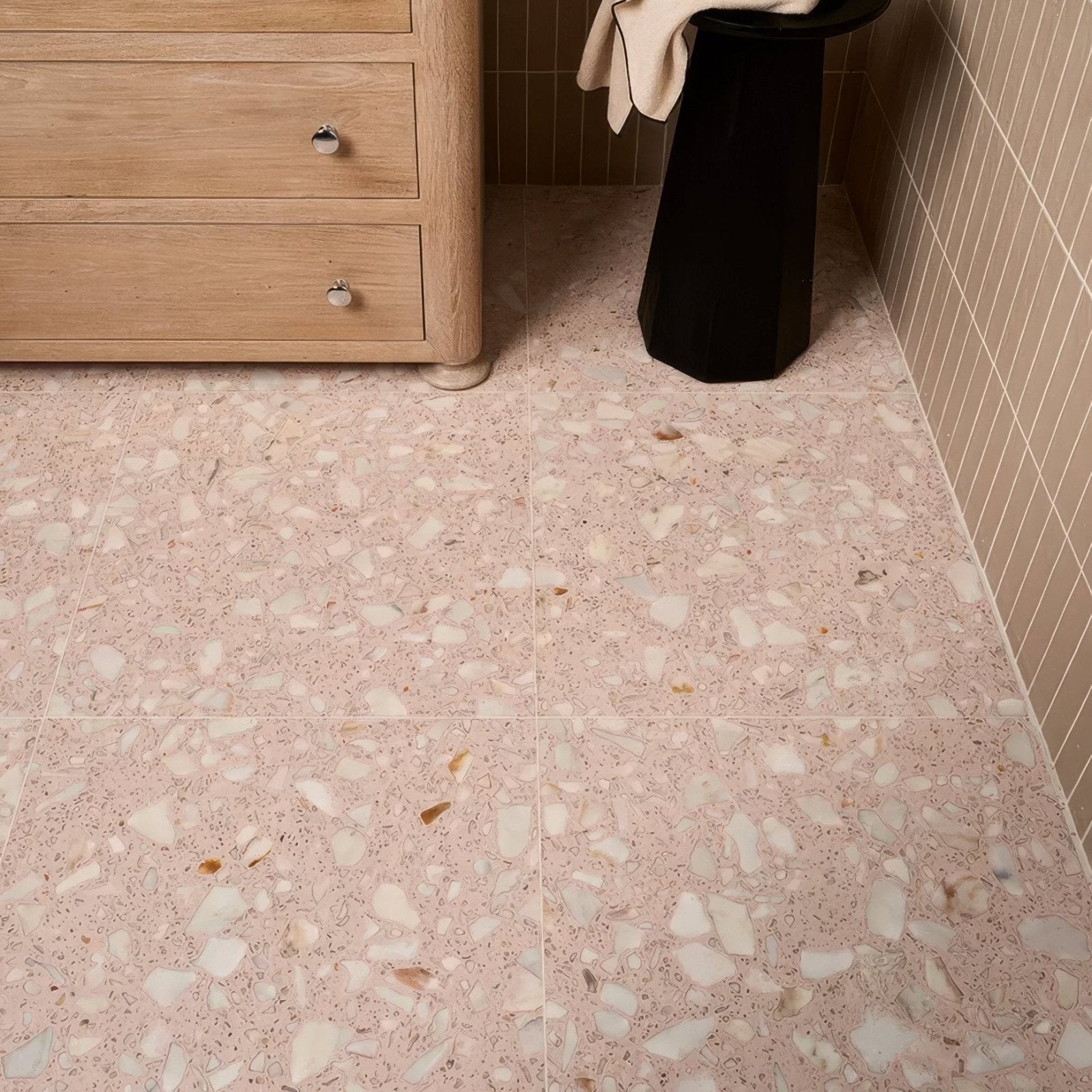 Pink rialto terrazzo ballerina honed floor tiles with white and beige speckled fragmented pattern