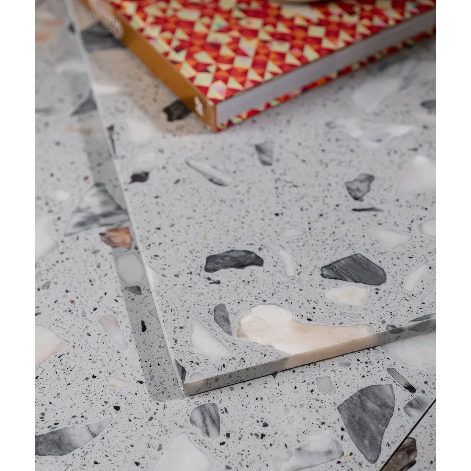 Gray terrazzo countertop rialto terrazzo castello honed with embedded marble and stone fragments in varying shades