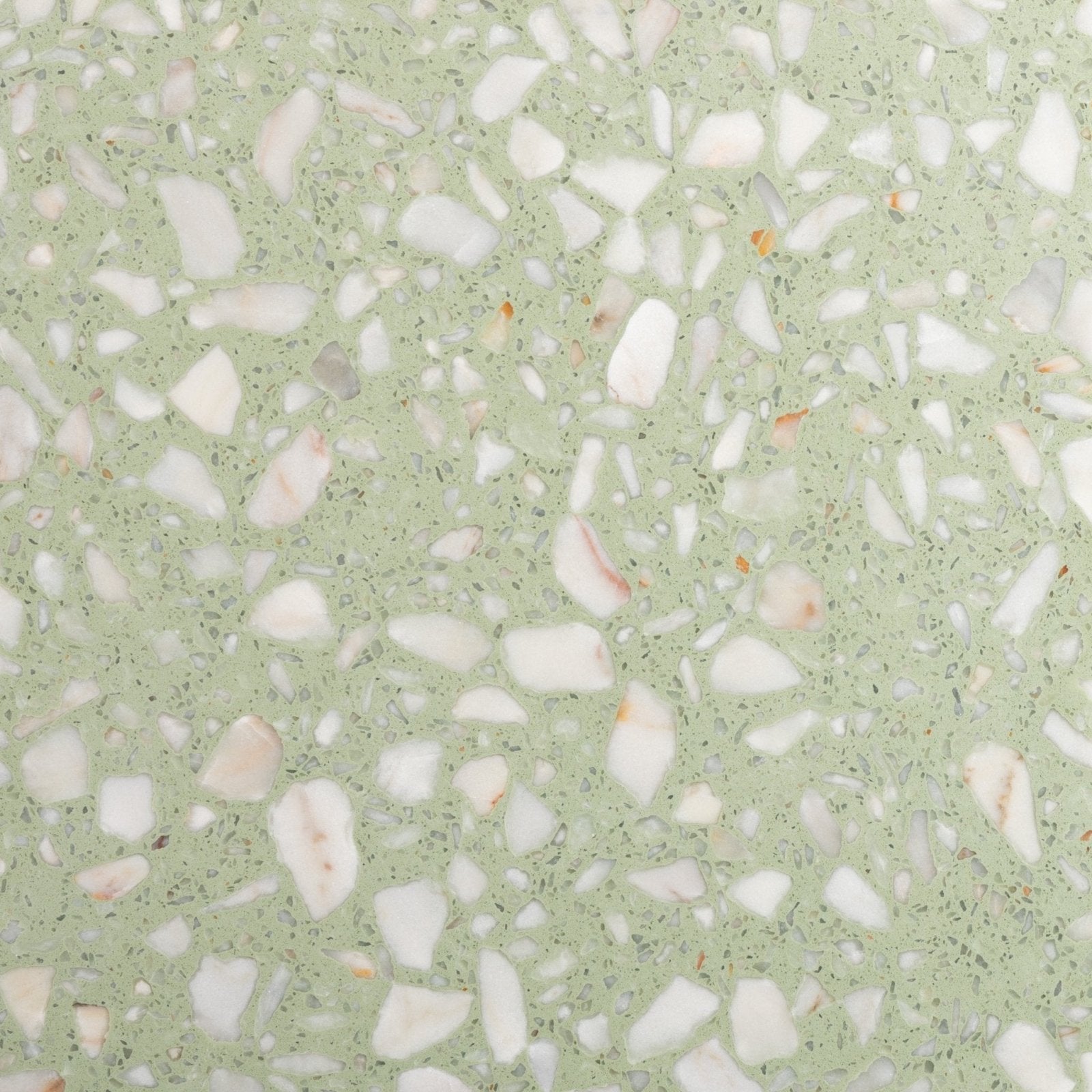 Light green rialto terrazzo laguna honed countertop with white and pale pink stone fragments for kitchen use