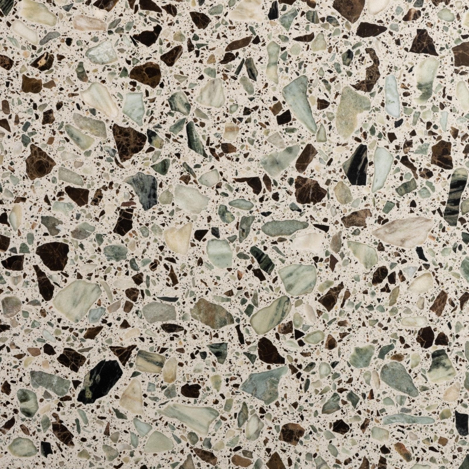 Rialto terrazzo San polo honed floor tile with speckled green gray and black stone fragments in light beige mortar