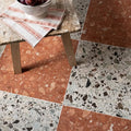Rialto terrazzo santa croce honed floor tiles in mosaic pattern with warm terracotta and neutral tones with marble chips
