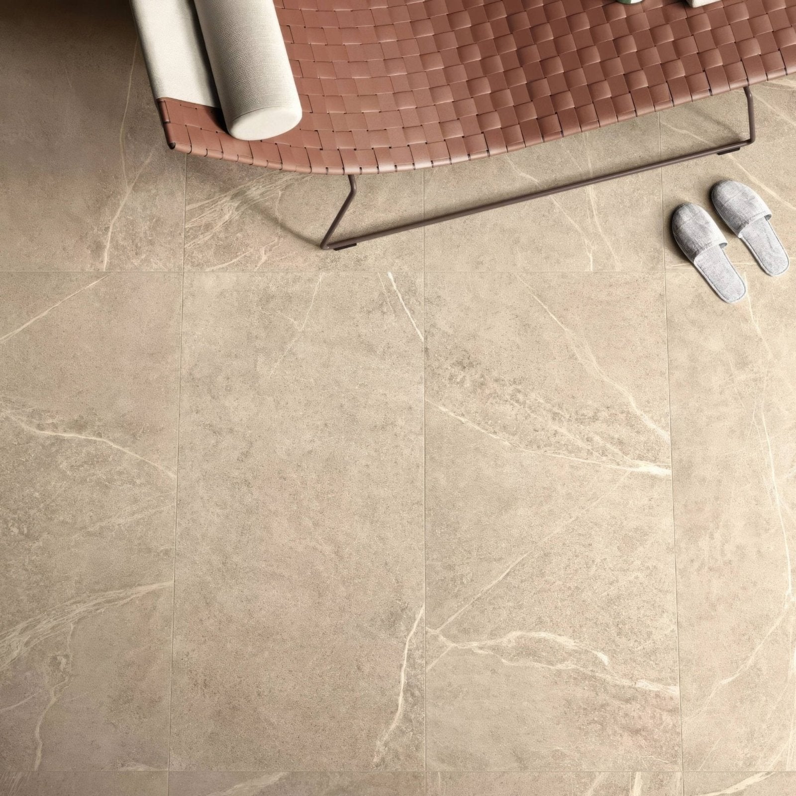 Beige rimini ivory marble-effect floor tiles with subtle white veining measuring 60 x 120cm