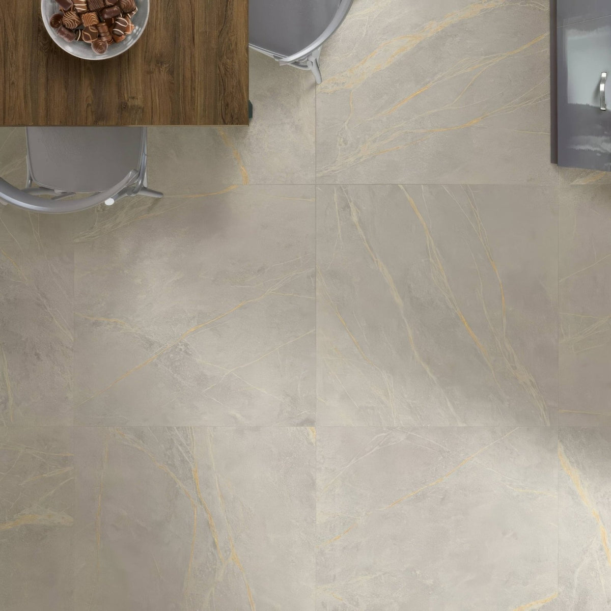 Beige marble effect rimini white floor tiles 60 x 60cm with subtle golden veining for elegant interiors