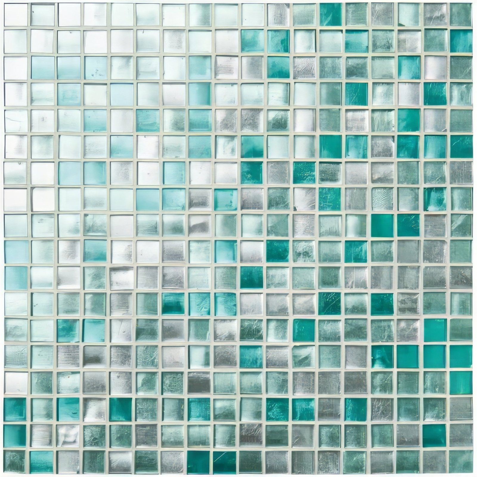 Teal and frosted glass ripple mosaic tile panel with subtle metallic sheen for decorative wall use