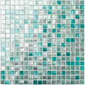 Teal and frosted glass ripple mosaic tile panel with subtle metallic sheen for decorative wall use