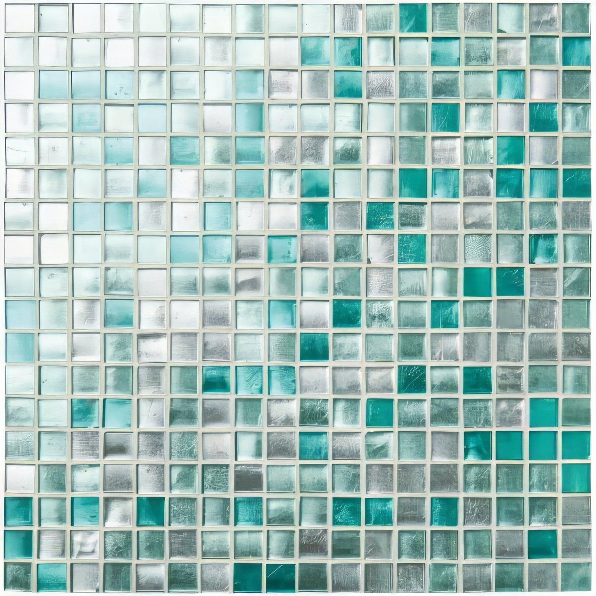 Teal and frosted glass ripple mosaic tile panel with subtle metallic sheen for decorative wall use