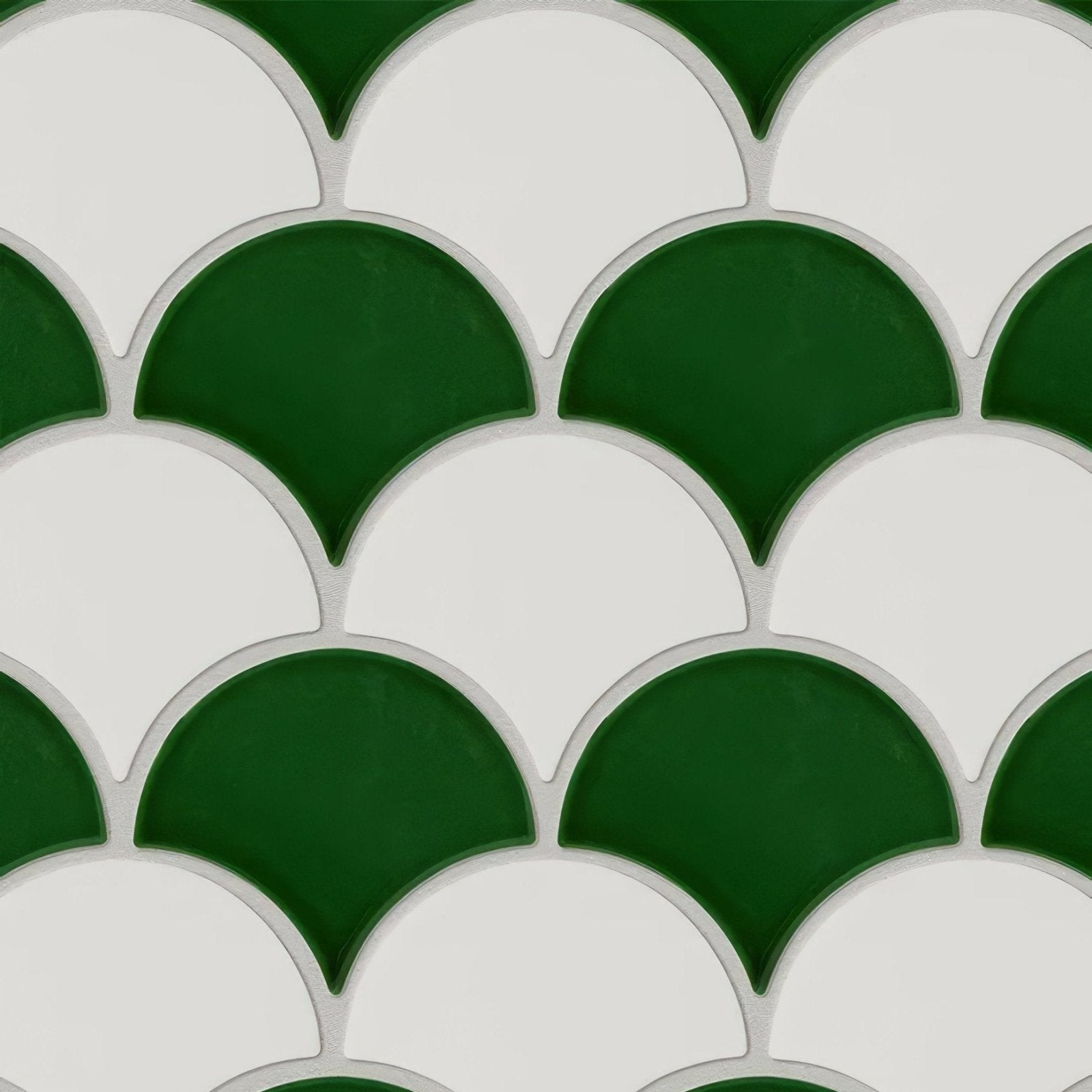 Green and white scalloped ceramic tile mosaic in riverlands scales watercress pattern for decorative use