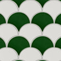 Green and white scalloped ceramic tile mosaic in riverlands scales watercress pattern for decorative use
