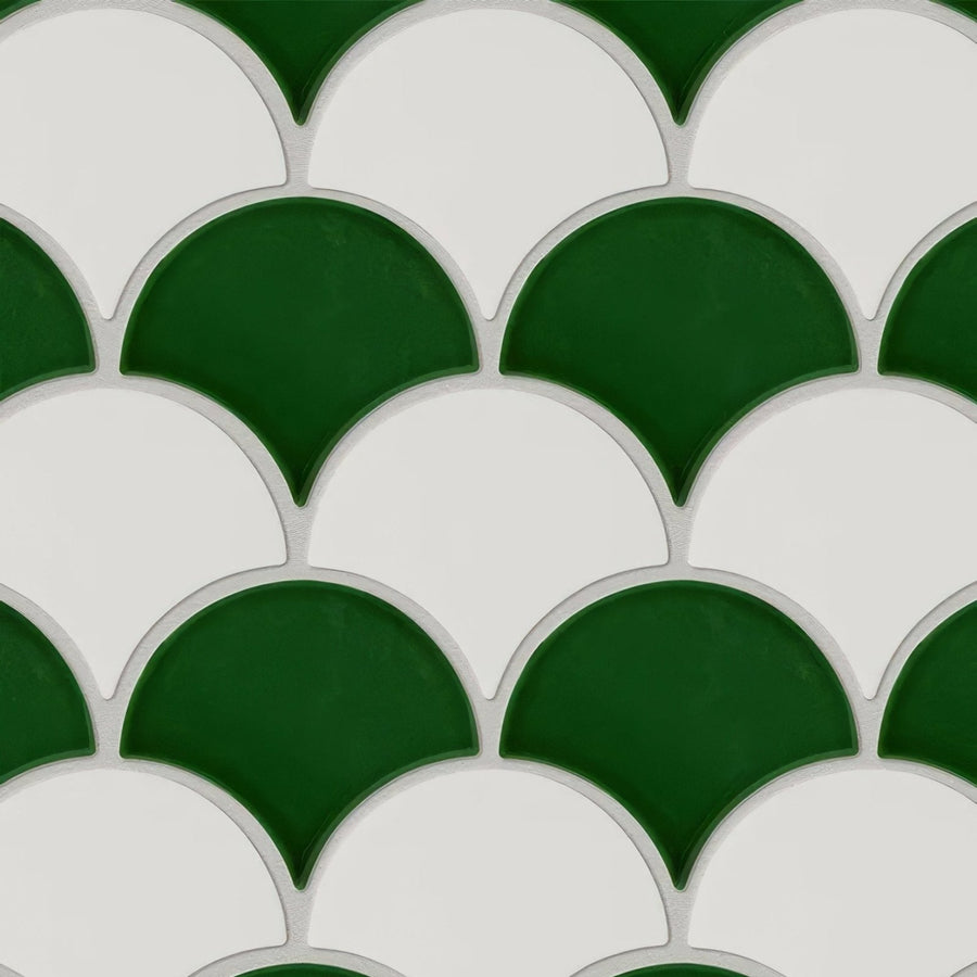 Green and white scalloped ceramic tile mosaic in riverlands scales watercress pattern for decorative use