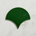 Riverlands Scales ceramic watercress tile with dark green glossy fan-shaped smooth slightly curved surface