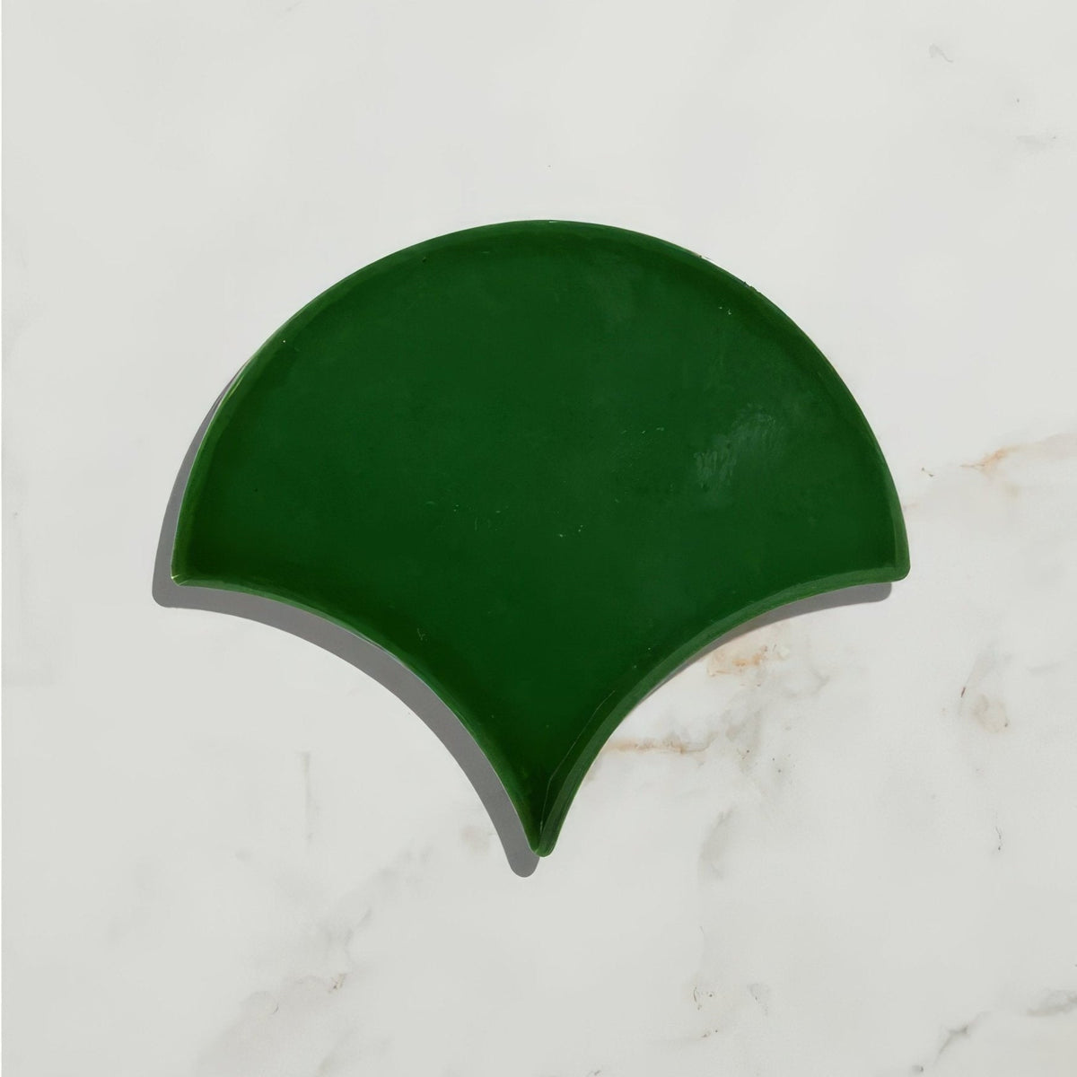 Riverlands Scales ceramic watercress tile with dark green glossy fan-shaped smooth slightly curved surface