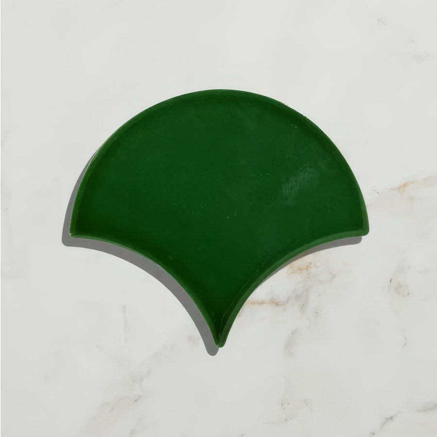 Riverlands Scales ceramic watercress tile with dark green glossy fan-shaped smooth slightly curved surface