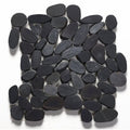 Riverstone black flat cut pebble mosaic tile featuring smooth rounded black river rock stones arranged naturally