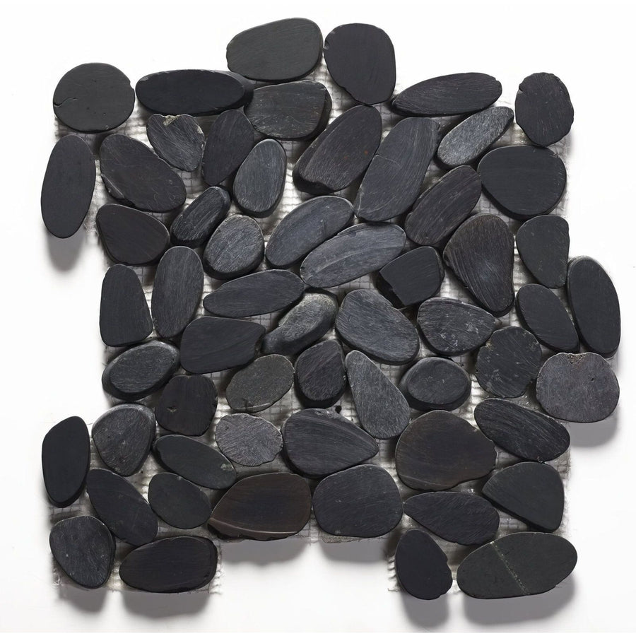 Riverstone black flat cut pebble mosaic tile featuring smooth rounded black river rock stones arranged naturally