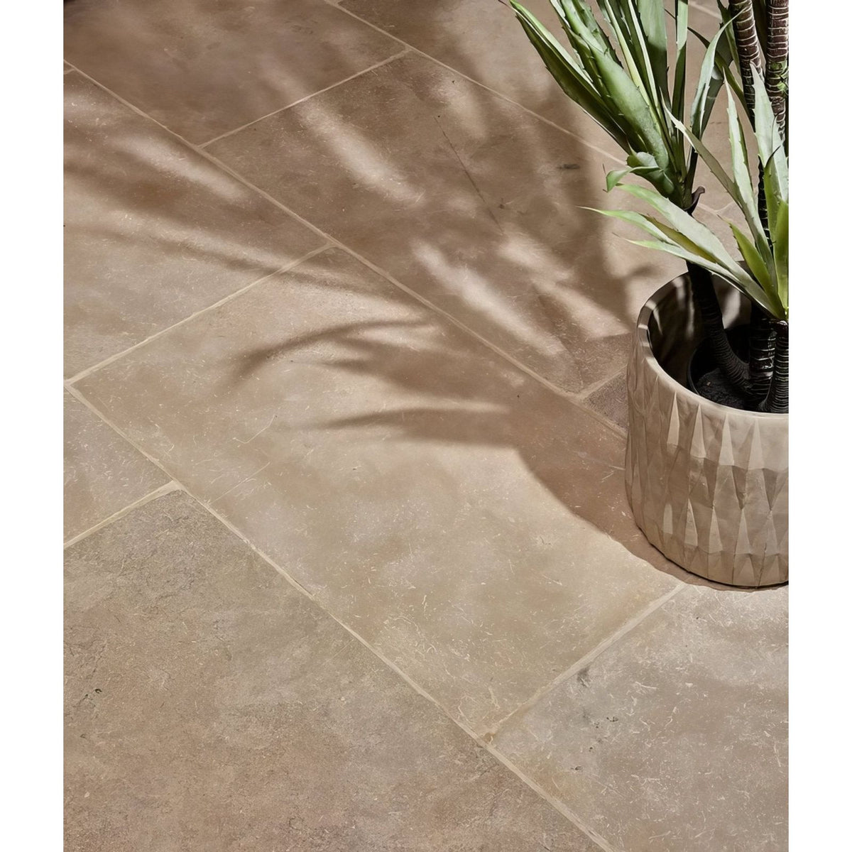 Beige riviera limestone tumbled stone tile with subtle natural texture next to a geometrically faceted planter