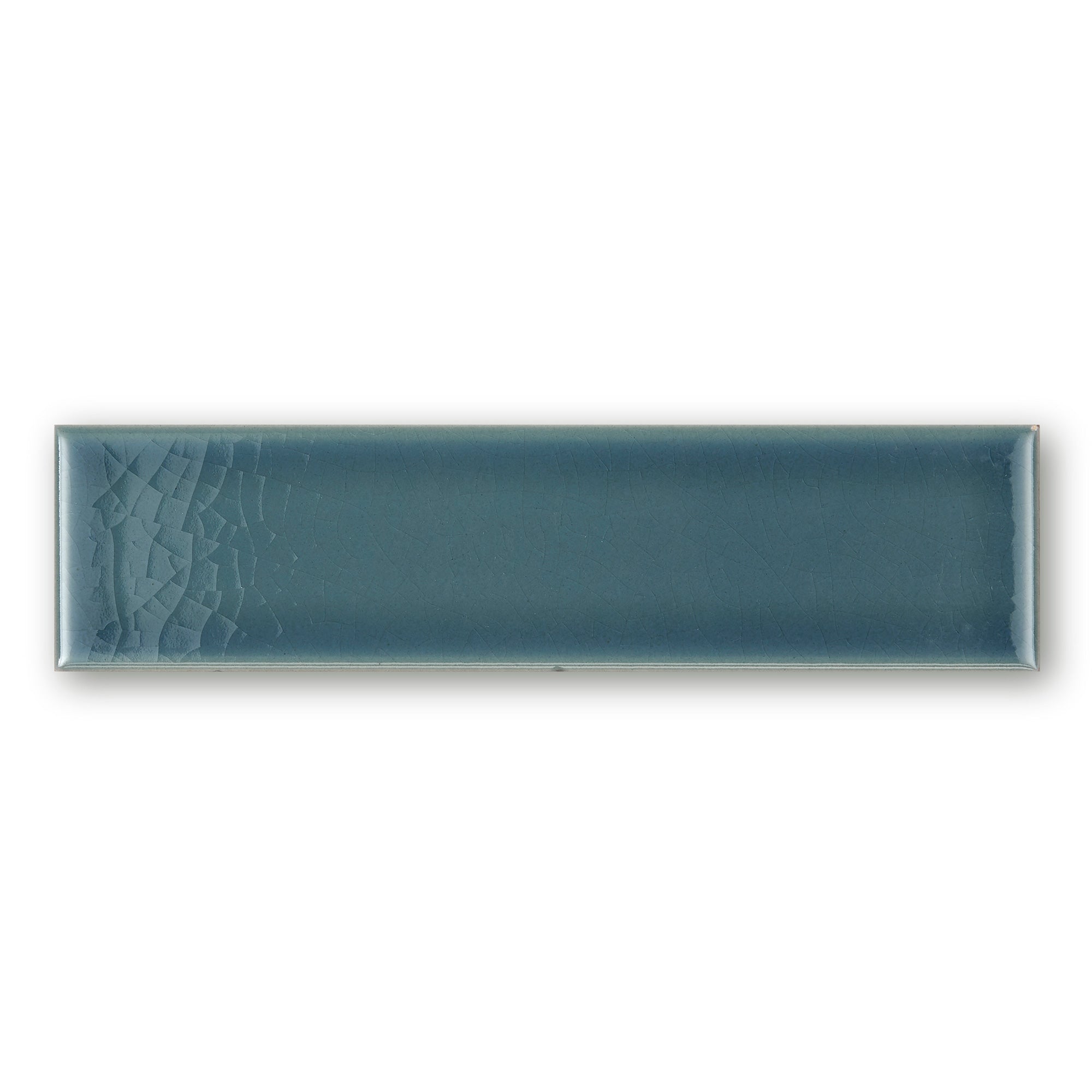 Teal rectangular ceramic tile retro metro green park 5 x 20cm with subtle textured pattern on one end