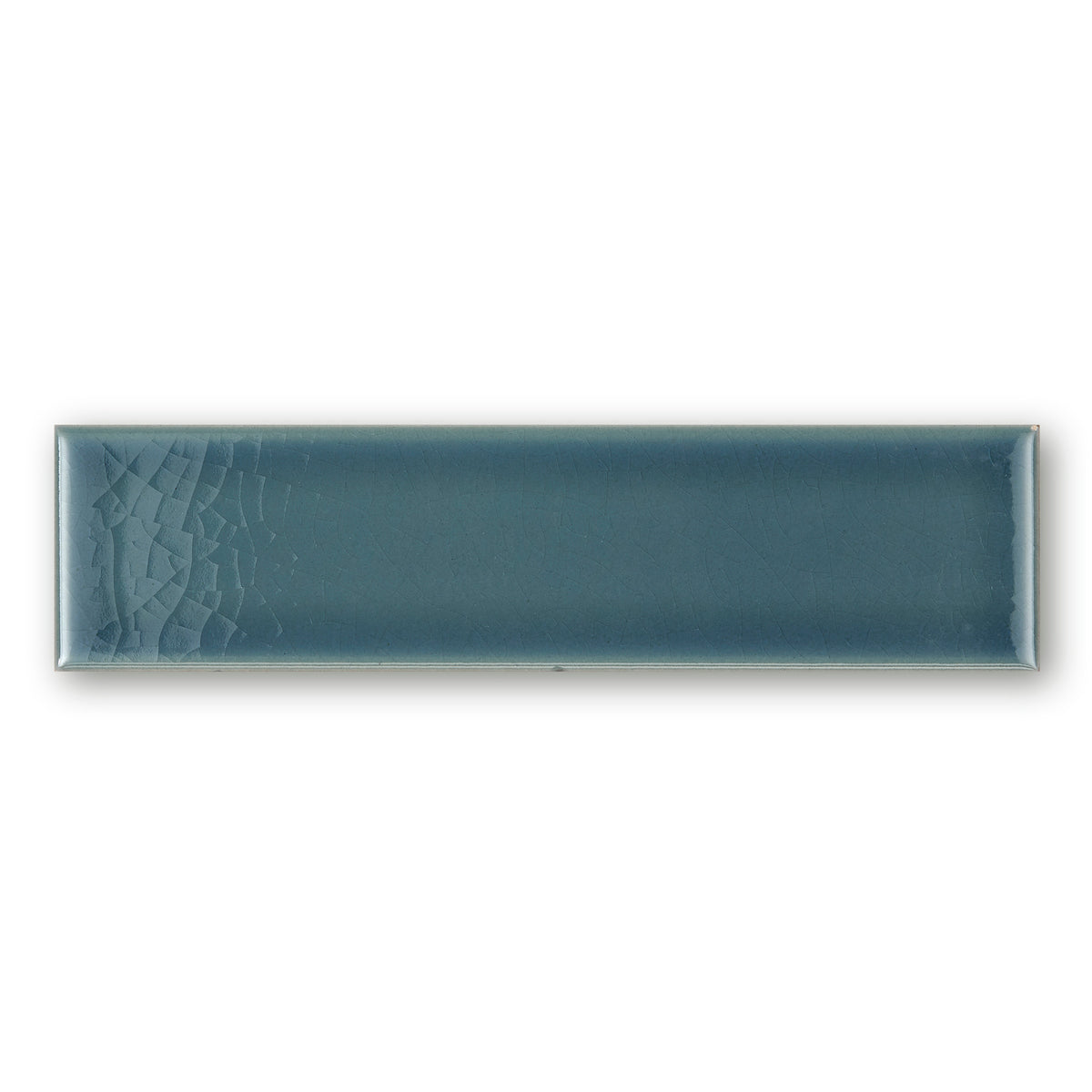 Teal rectangular ceramic tile retro metro green park 5 x 20cm with subtle textured pattern on one end