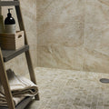 Beige marble-effect rockies alberta mosaic wall and floor tiles with subtle veining pattern