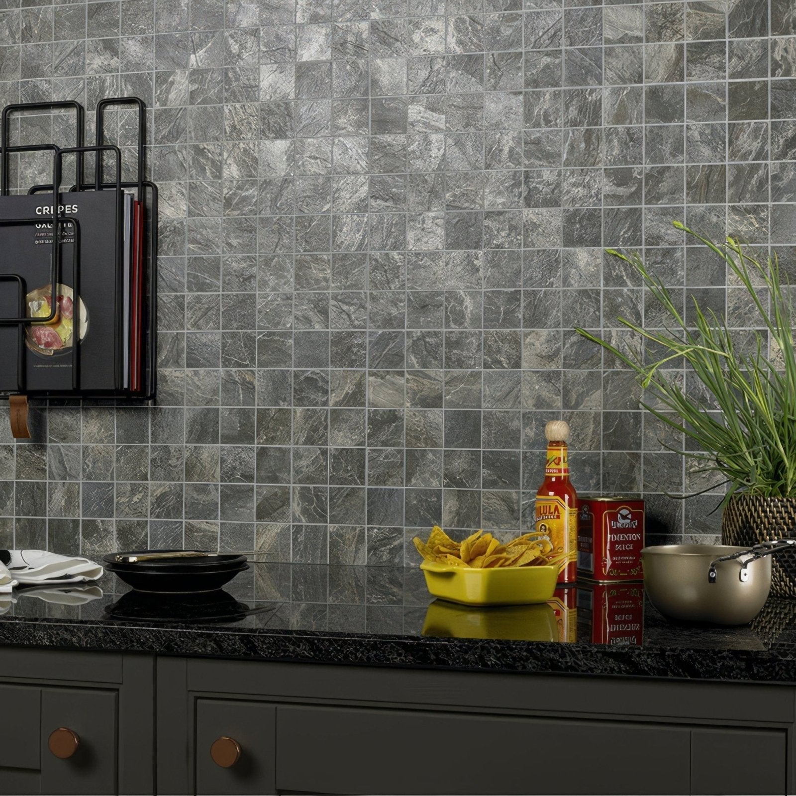 Gray marble-effect mosaic tile backsplash from Rockies New Mexico Mosaic featuring stone material for wall use
